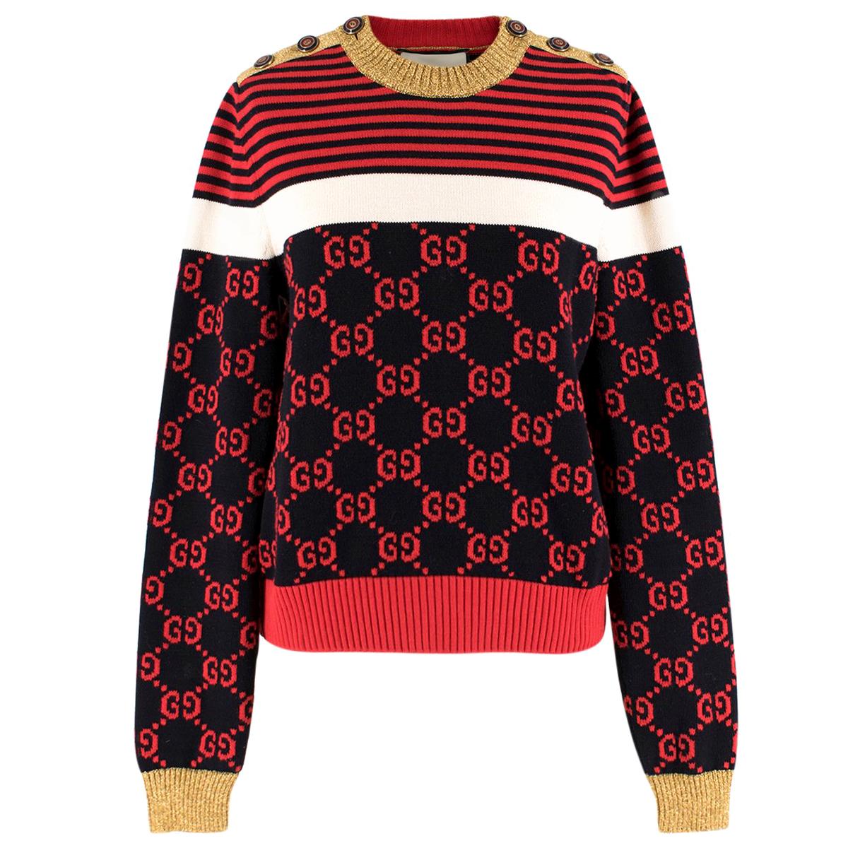 Gucci Metallic Trimmed Logo Intarsia Cotton Sweater US 8 For Sale
