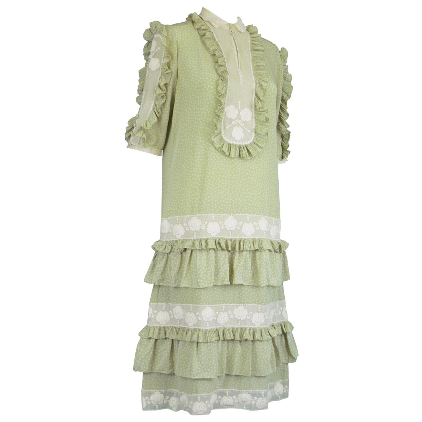 Chloe by Karl Lagerfeld 1970s Vintage Pastel Green Ruffled Silk & Lace Dress