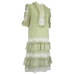 Chloe by Karl Lagerfeld 1970s Vintage Pastel Green Ruffled Silk & Lace Dress