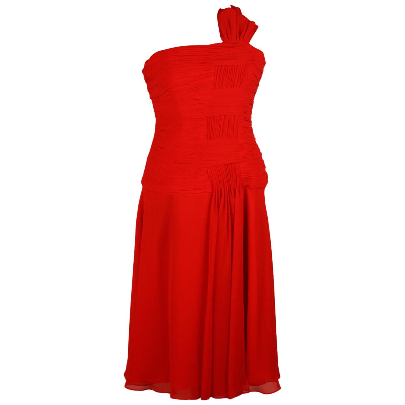 Carlo Pignatelli Red Chiffon One Shoulder Midi Dress Size 42
