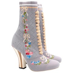 Fendi Grey Embroidered Stretch Knit Ankle Boots US 5.5