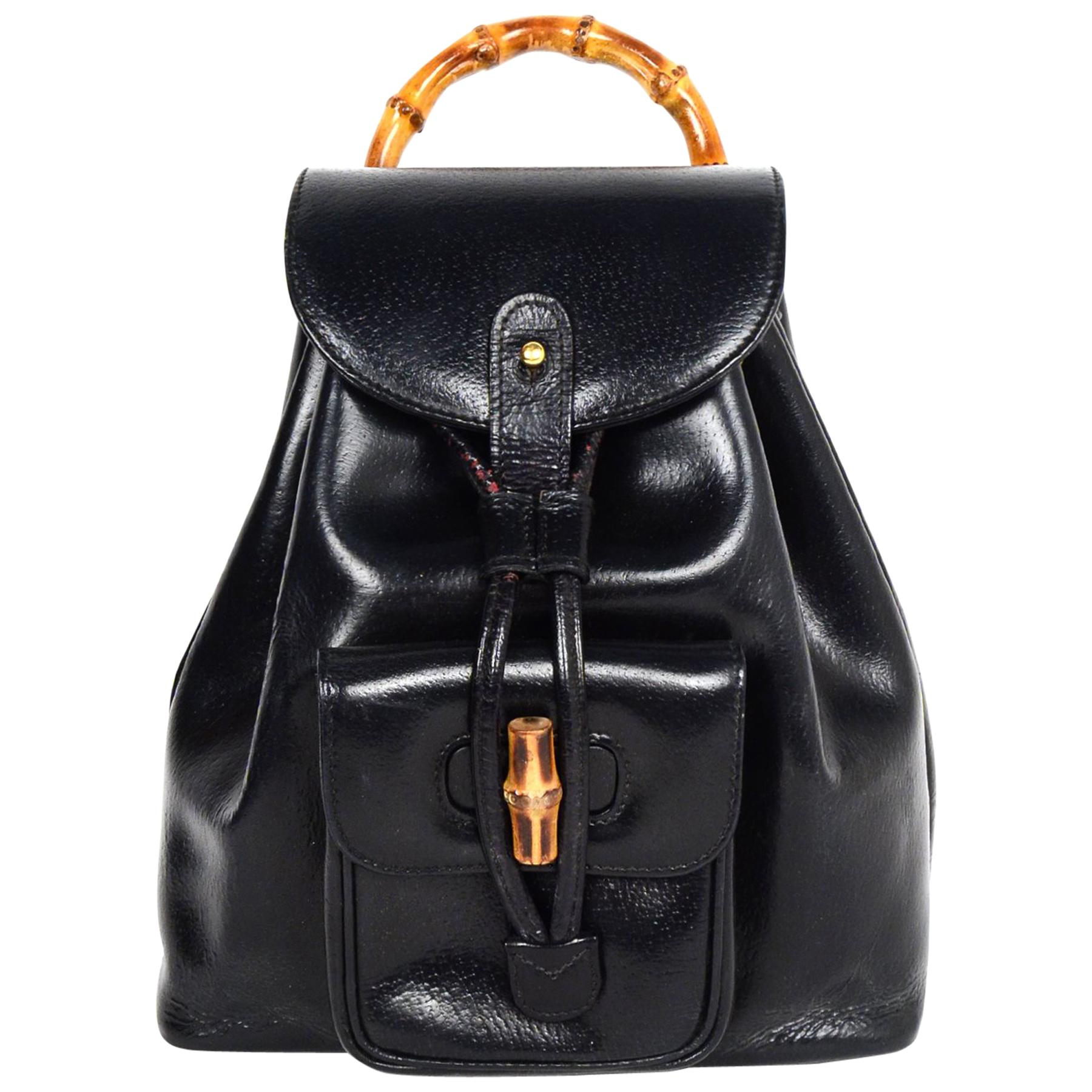 Gucci Vintage Black Pigskin Mini Bamboo Backpack Bag