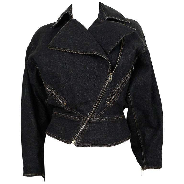 Azzedine Alaia Vintage Denim Zipper Jacket US Size 6 at 1stDibs