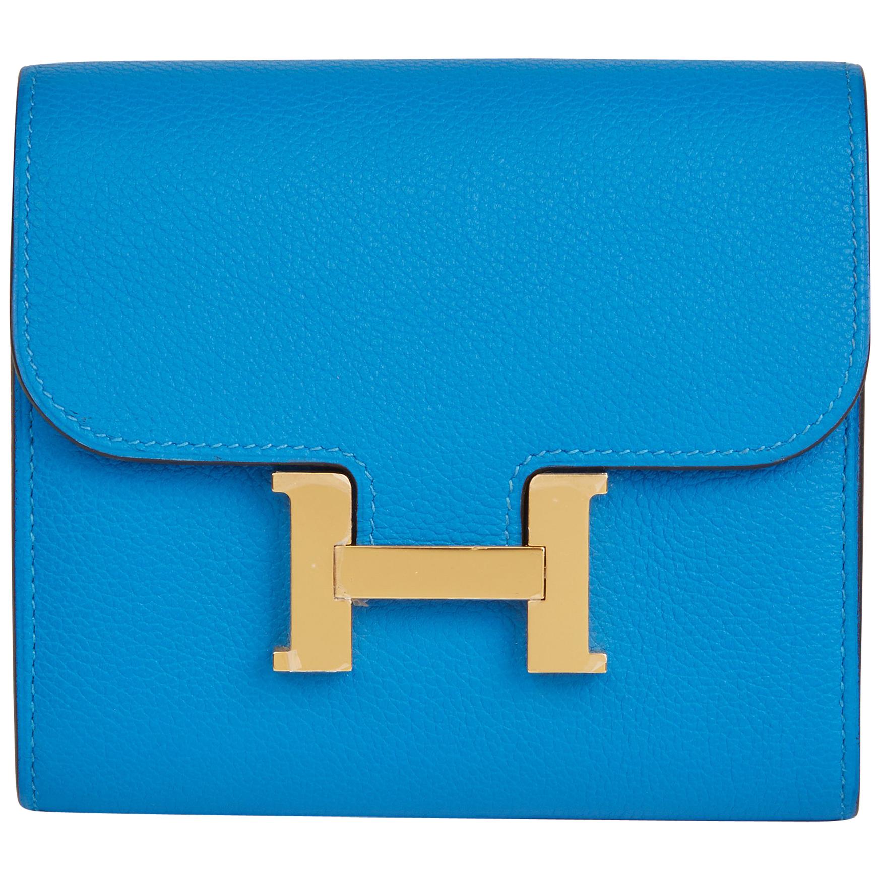 2018 Hermes Blue Hydra Evercolor Leather Constance Compact Wallet