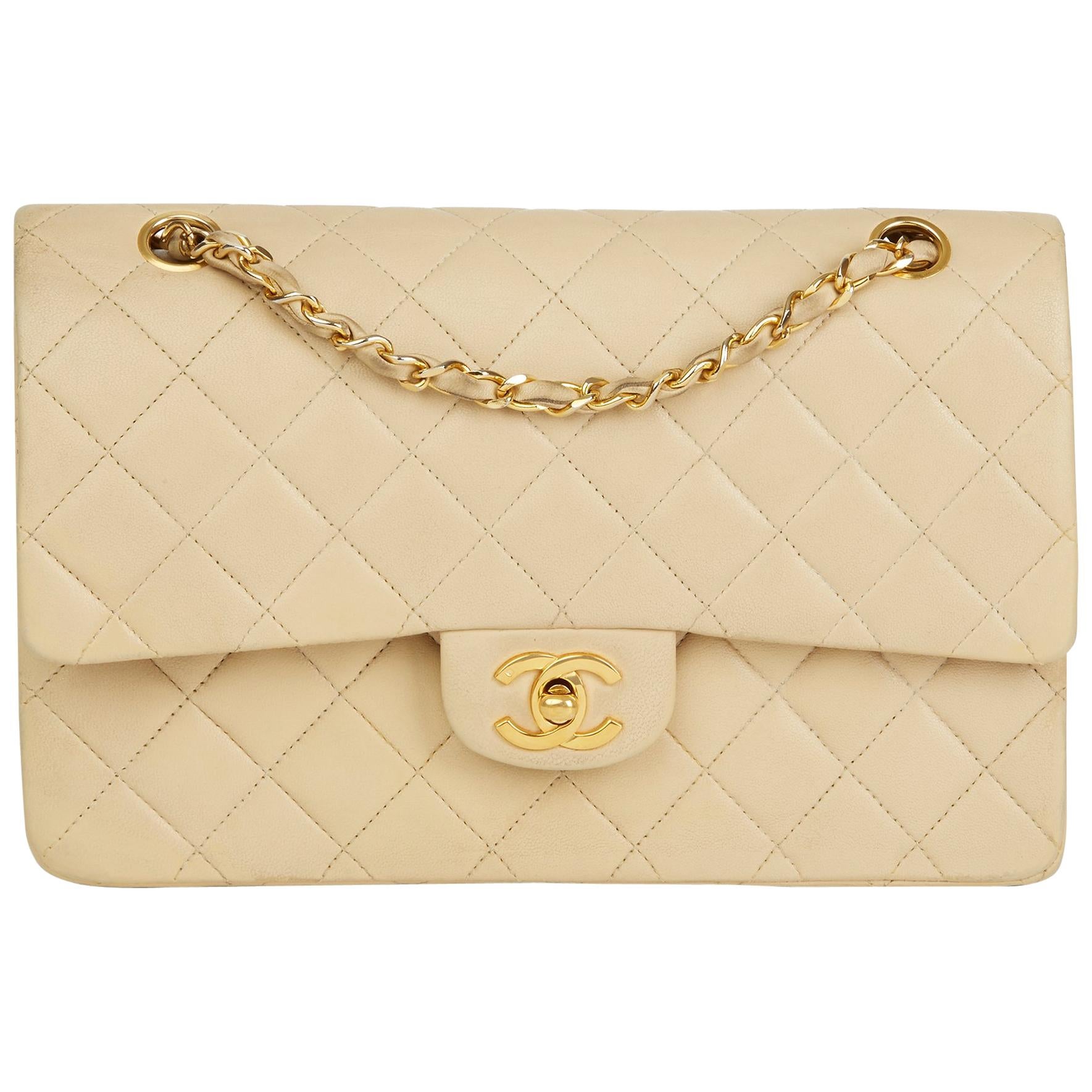 1986 Chanel Beige Quilted Lambskin Vintage Classic Double Flap