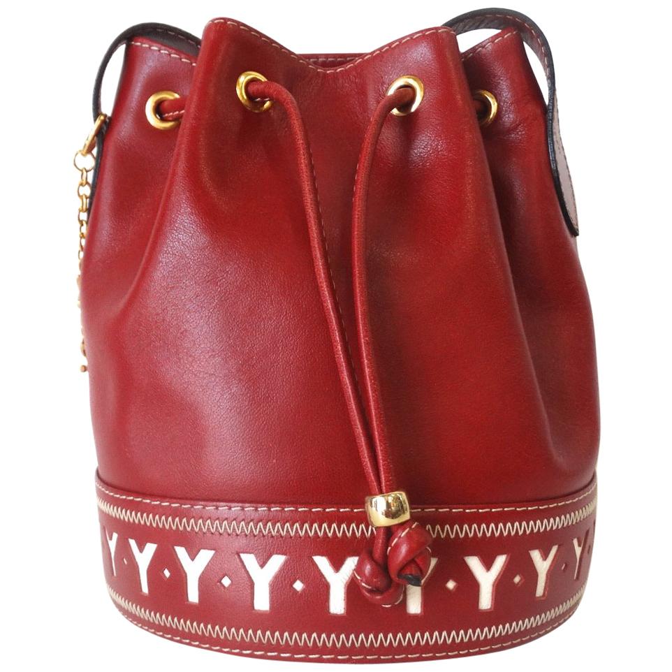 1980s Yves Saint Laurent Red Pebble Leather Bucket Bag
