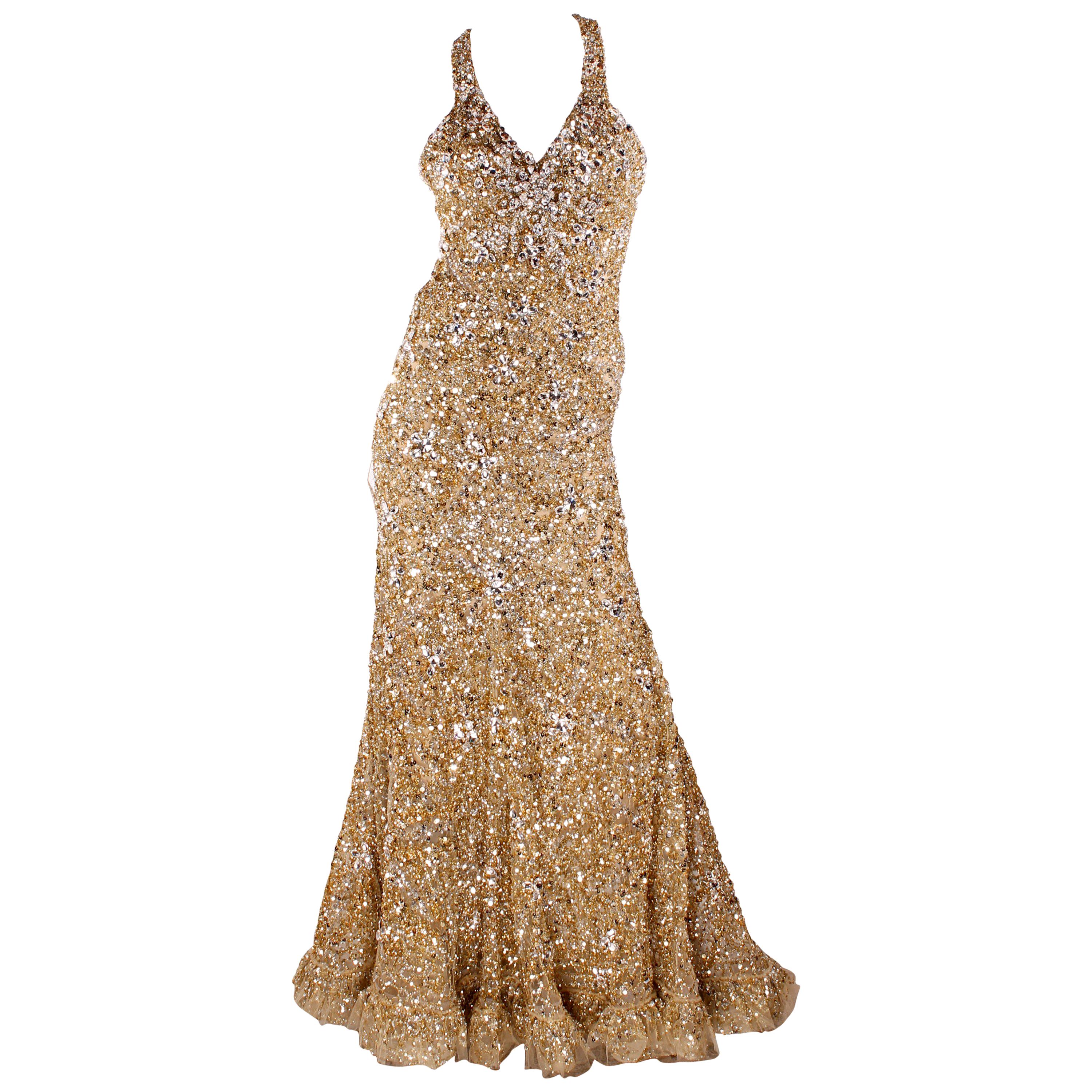 Elie Saab Haute Couture Evening Gown - golden beads & sequins For Sale