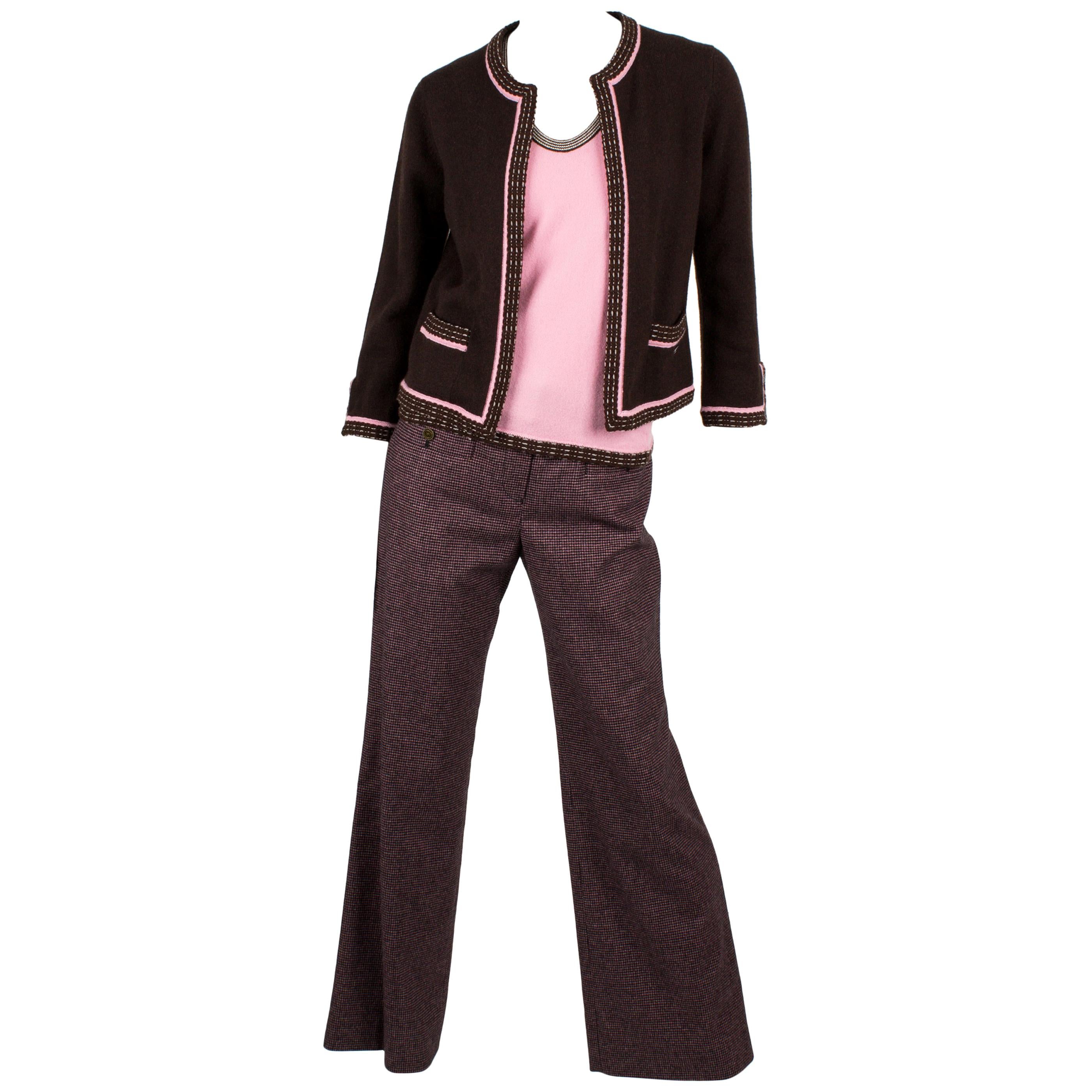 Chanel Cardigan/Top/Pants 3-pcs Suit - brown/pink For Sale