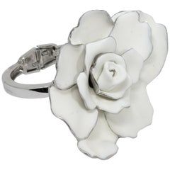 Oscar de la Renta Big Bold White Satin Rose Hinged Bracelet in Silvertone