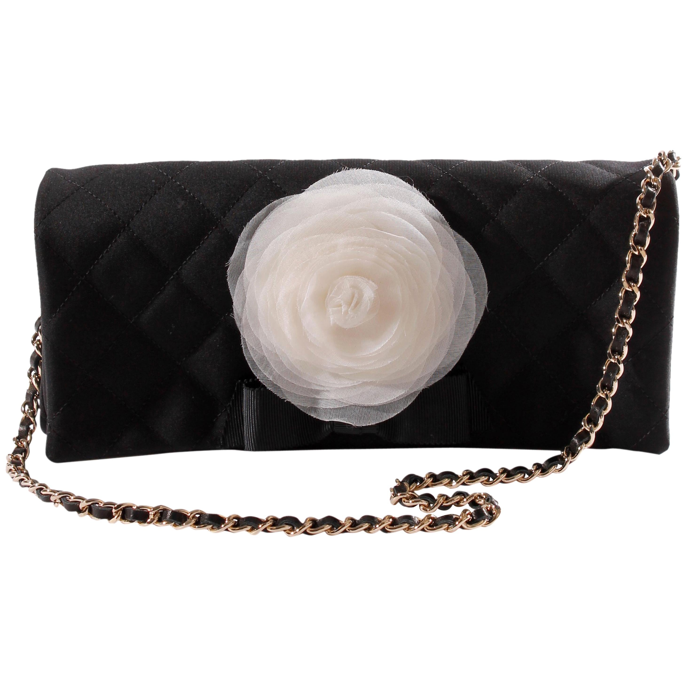 Chanel Satin Camellia Clutch Bag - black/white/silver For Sale