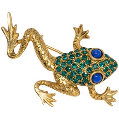 Oscar de la Renta Gold Frog Pin Brooch with Pave Green Crystals, Blue Cabochons