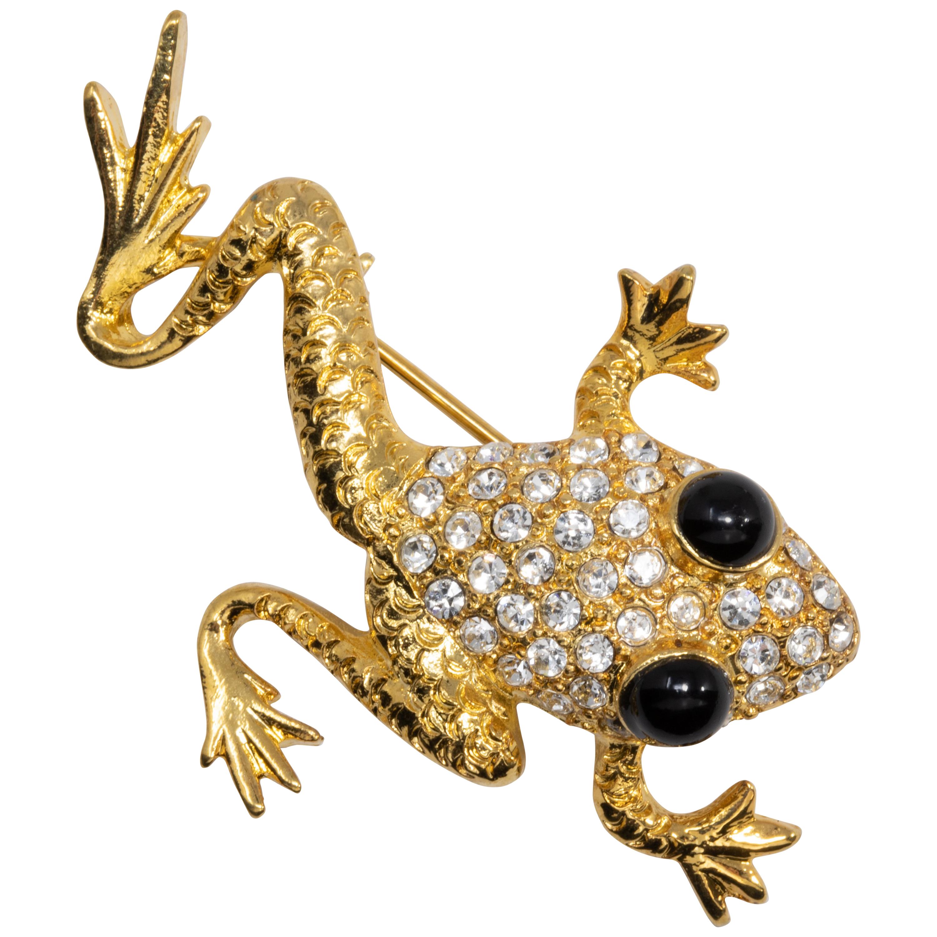 Oscar de la Renta Gold Frog Pin Brooch with Pave Clear Crystals, Black Cabochons For Sale