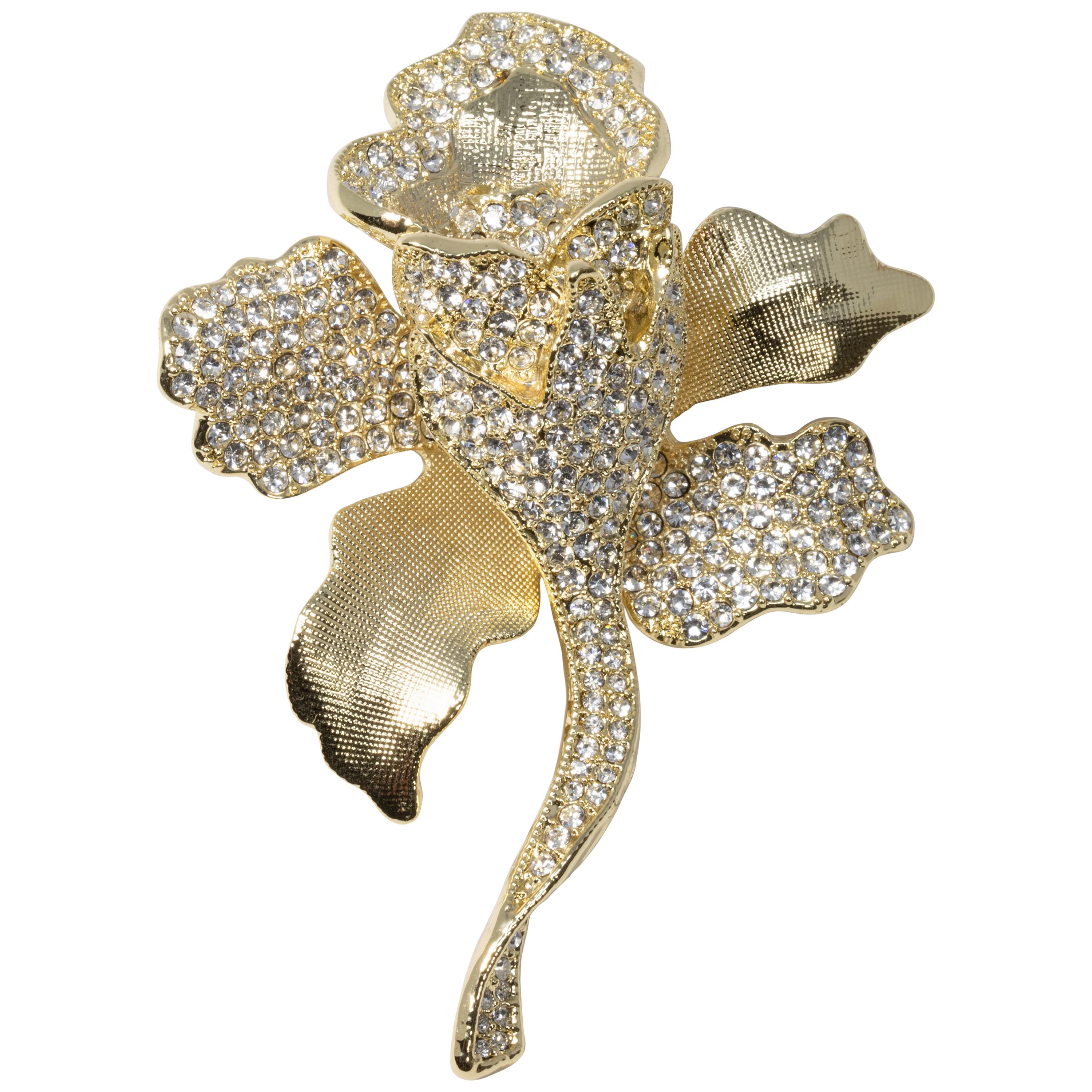 Joan Boyce Pave Crystal Blooming Flower Brooch Pin, Textured Gold Tone For Sale