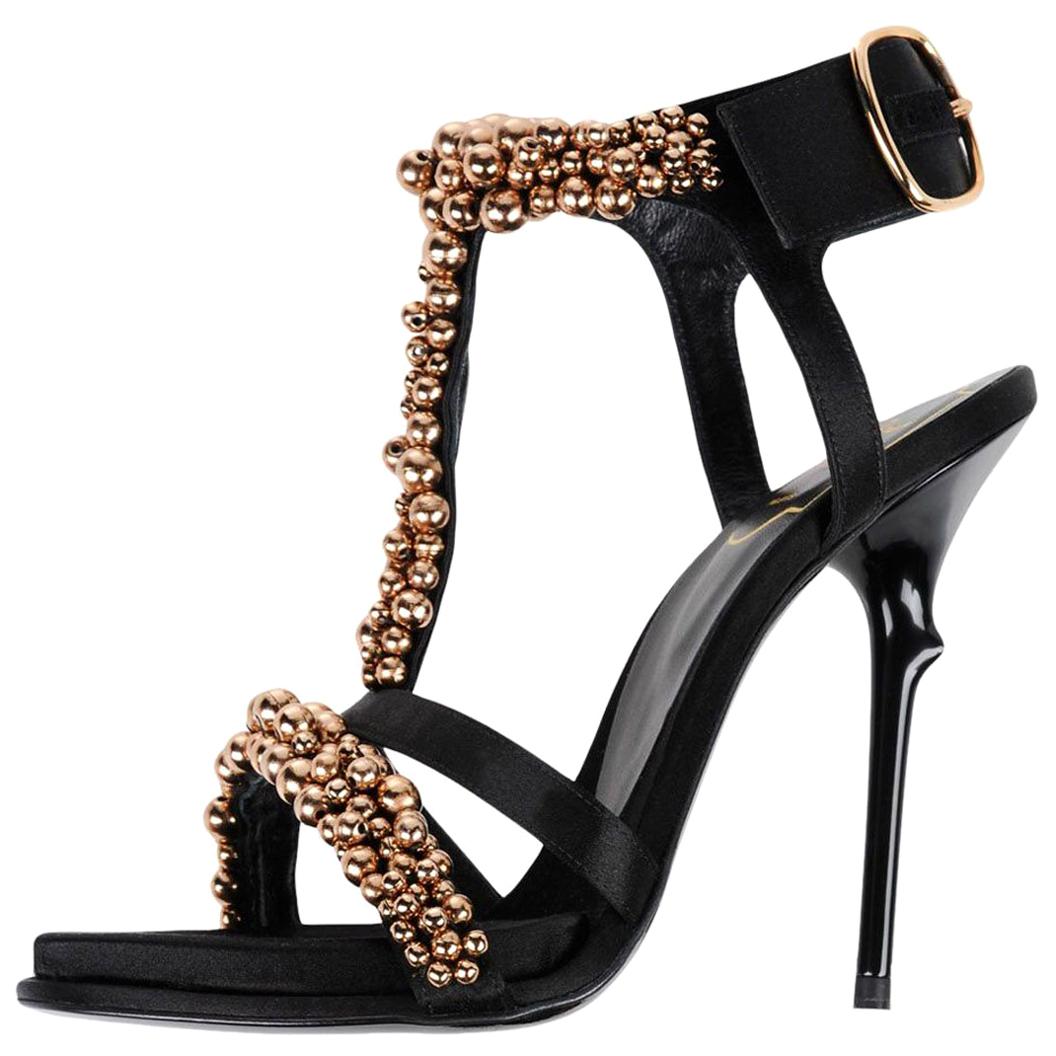 New Roger Vivier *Caviar*  Black Satin Bronze Embellished Shoes Sandals 37.5 For Sale