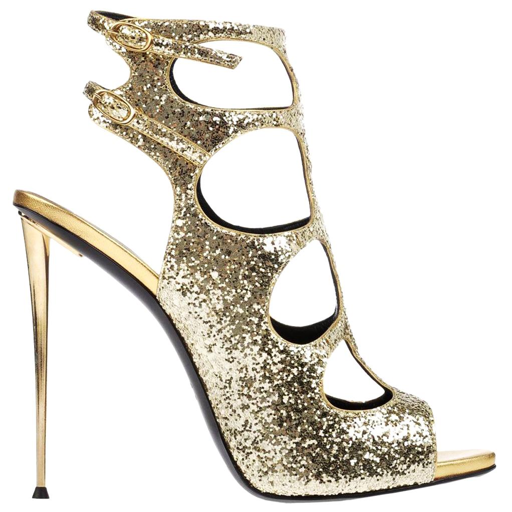 New Giuseppe Zanotti Gold Sequin Glitter Spike Heel Shoes Sandals It. 36 - US 6