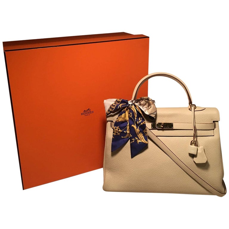 Hermes Cream Clemence Leather Ghw 35cm Kelly Bag For Sale at 1stdibs