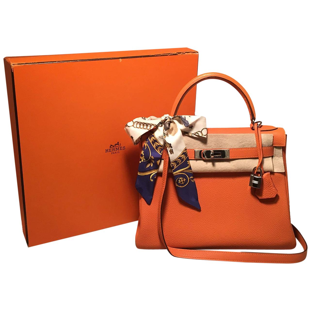 Hermes Orange Togo Leather PHW 28cm Kelly Bag