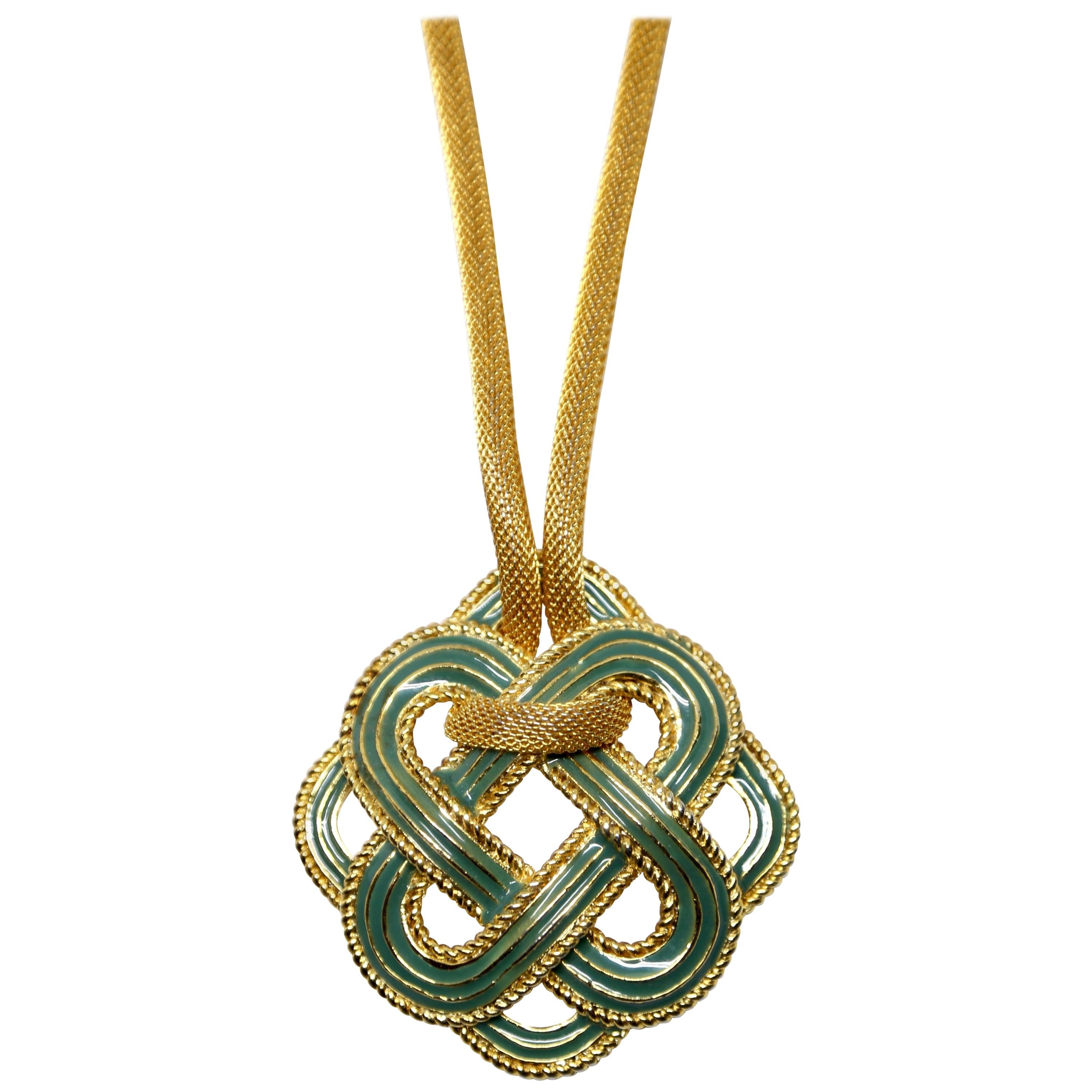 1970's LANVIN turquoise enamel and gilt metal modernist pendant necklace