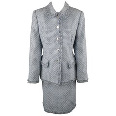 Vintage ESCADA Size 12 Light Blue Cashmere Tweed Fringe Trim Skirt Suit