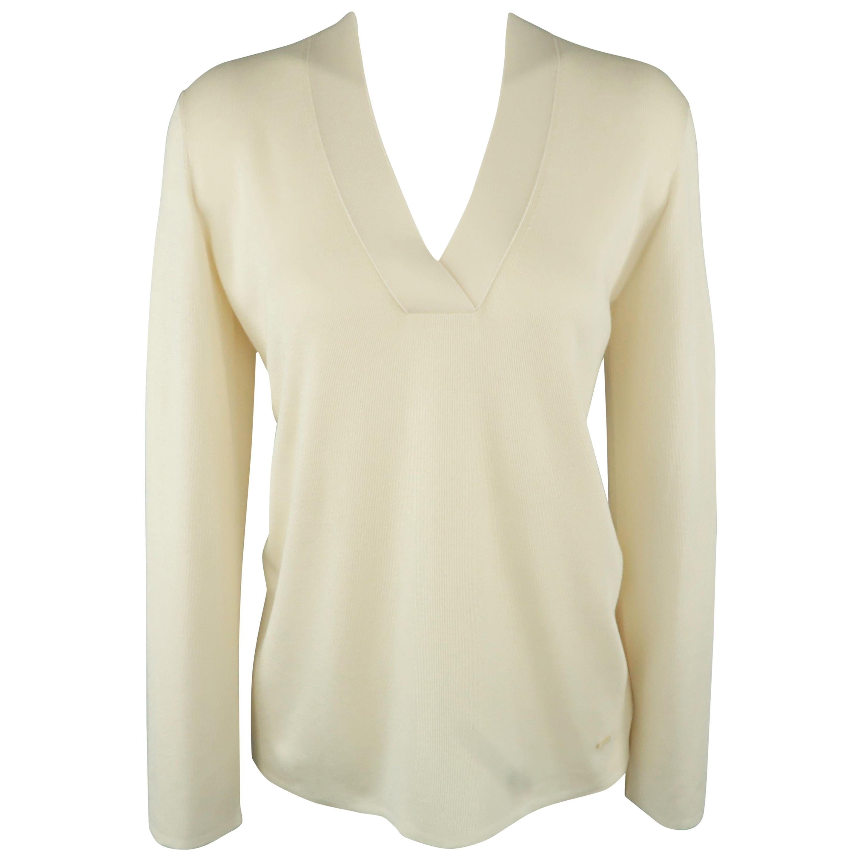 AKRIS Size L Cream Silk Knit V Neck Pullover Sweater