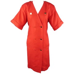 Vintage YVES SAINT LAURENT Size 14 Red Linen Double Breasted Dress