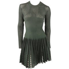 ALAIA Size 4 Green & Gray Wool Blend Mesh Pleated Skirt Long Sleeve Dress