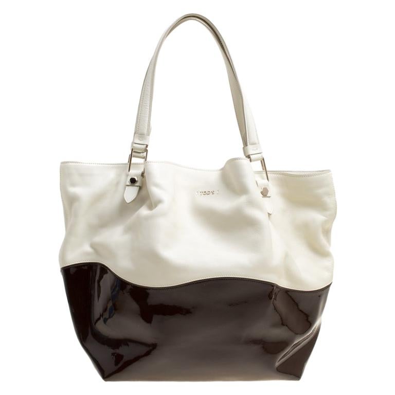 Tod's White/Brown Leather and Patent Leather Medium Flower Tote