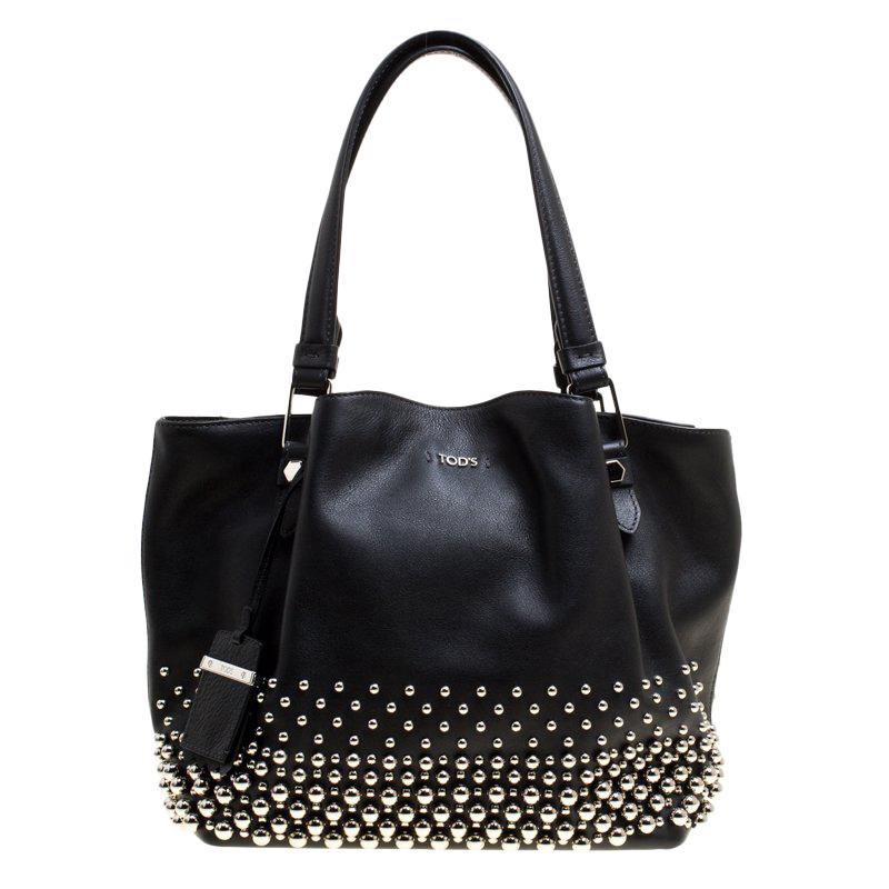 Tod's Black Leather Small Flower Studded Shopper Tote