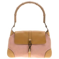 Gucci Light Pink/Tan Suede and Leather Jackie Bamboo Shoulder Bag