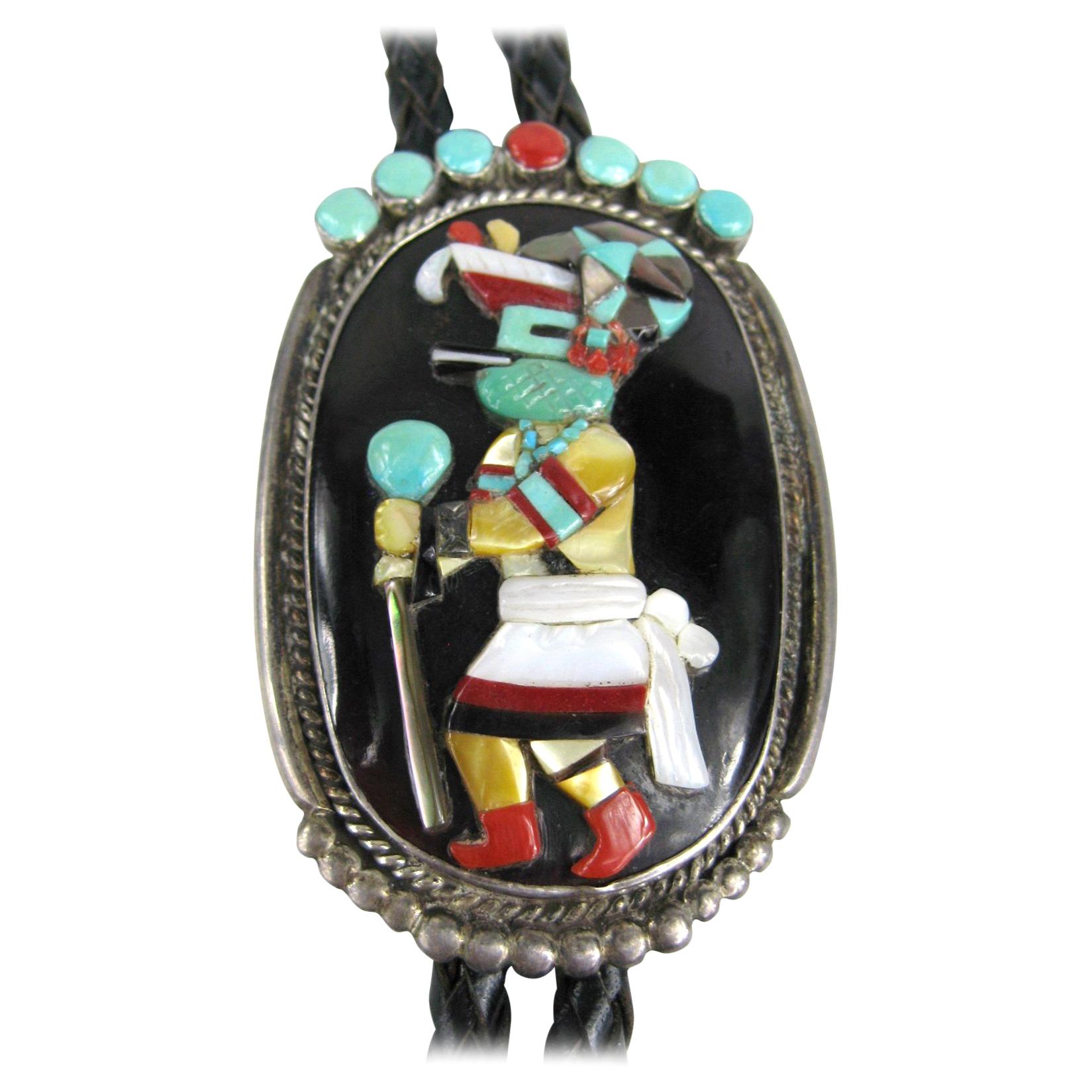  Sterling Silver Native American Turquoise & Coral Zuni Dancer Bolo Tie 1970s