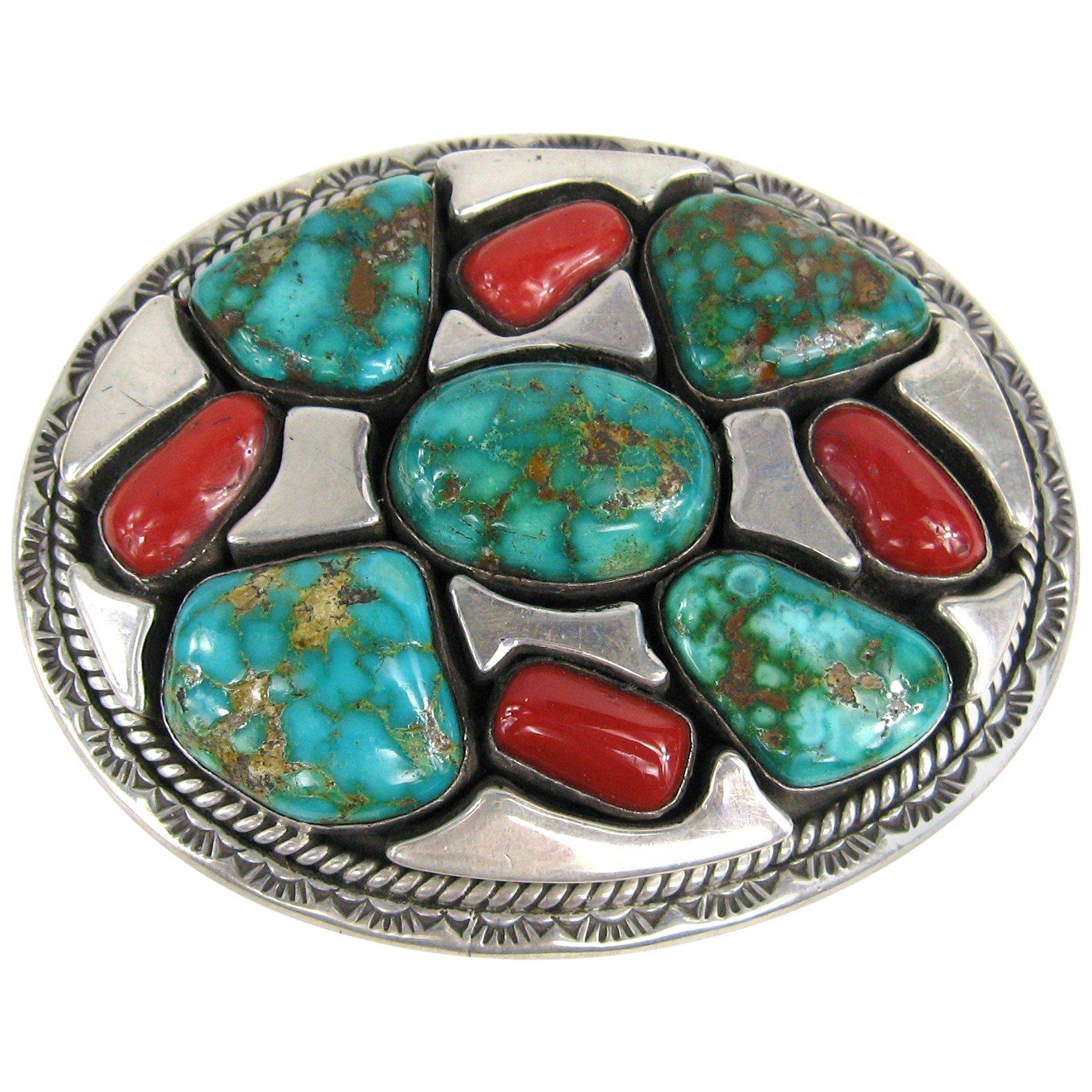  Sterling Silver Native American Turquoise and Coral Belt Buckle by Vandever For Sale