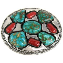 Vintage  Sterling Silver Native American Turquoise and Coral Belt Buckle by Vandever