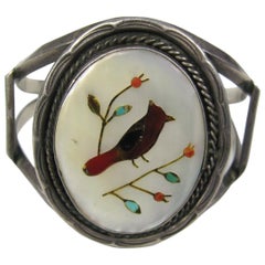 Southwestern Zuni Inlaid Turquoise Coral Bracelet 1960s Native American Jewelry