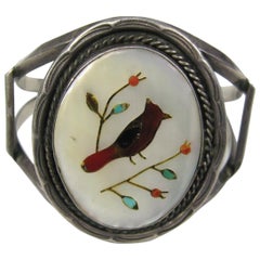 Used  Southwestern Zuni Inlaid Turquoise Coral Bracelet 1960s Native American Jewelry