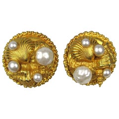 Dominique Aurientis Gold Gilt Sea shell Earrings New, Never Worn 1980s