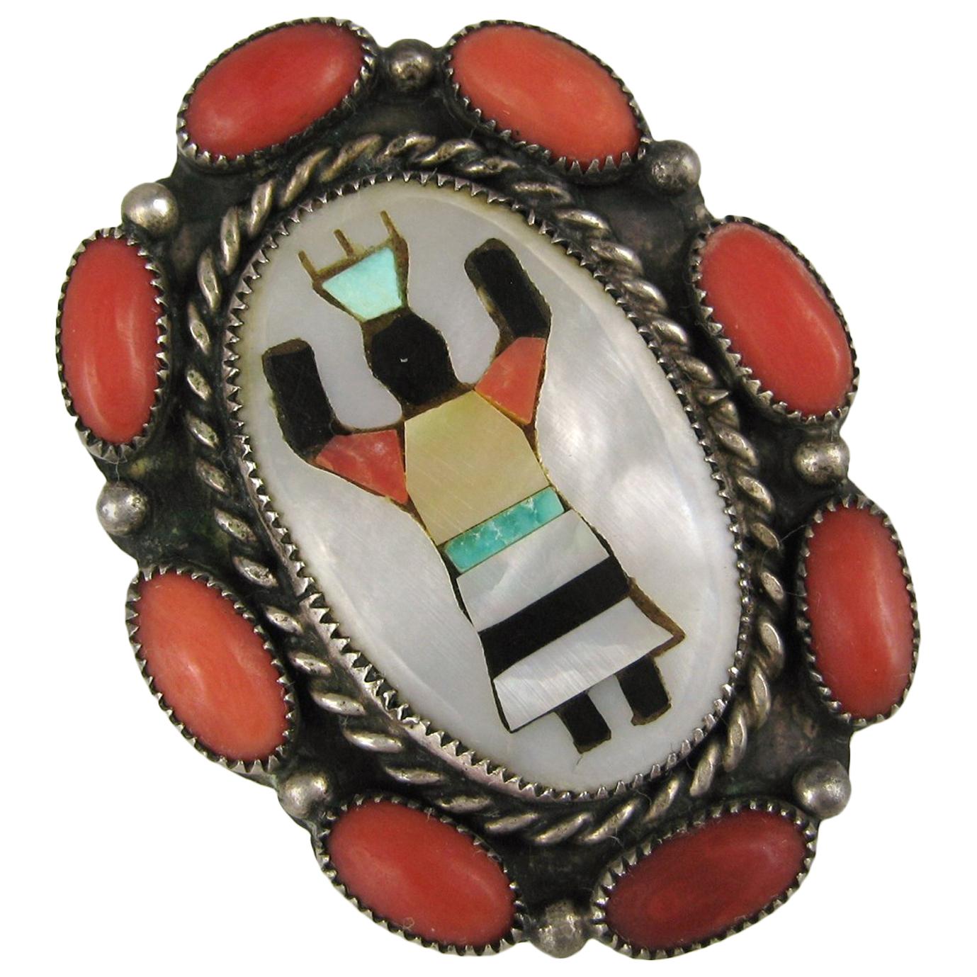 Zuni Native American Apache Gan Coral / Turquoise Sterling Ring  For Sale