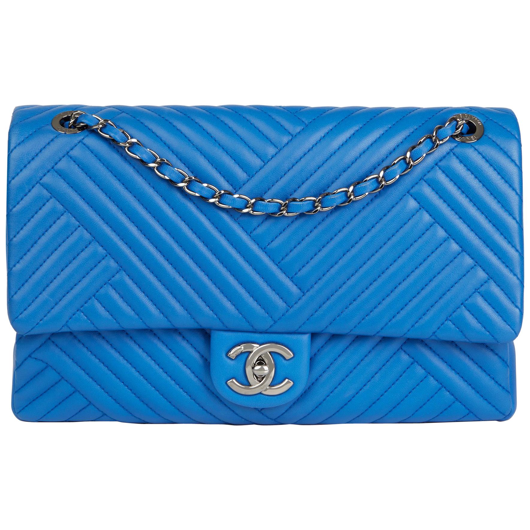 2016 Chanel Blue Chevron Quilted Lambskin Large CC Crossing Flap Bag