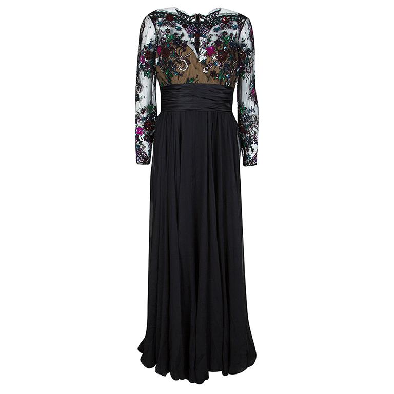 Zuhair Murad Black Lace Embellished Detail Ruched Long Sleeve Gown L