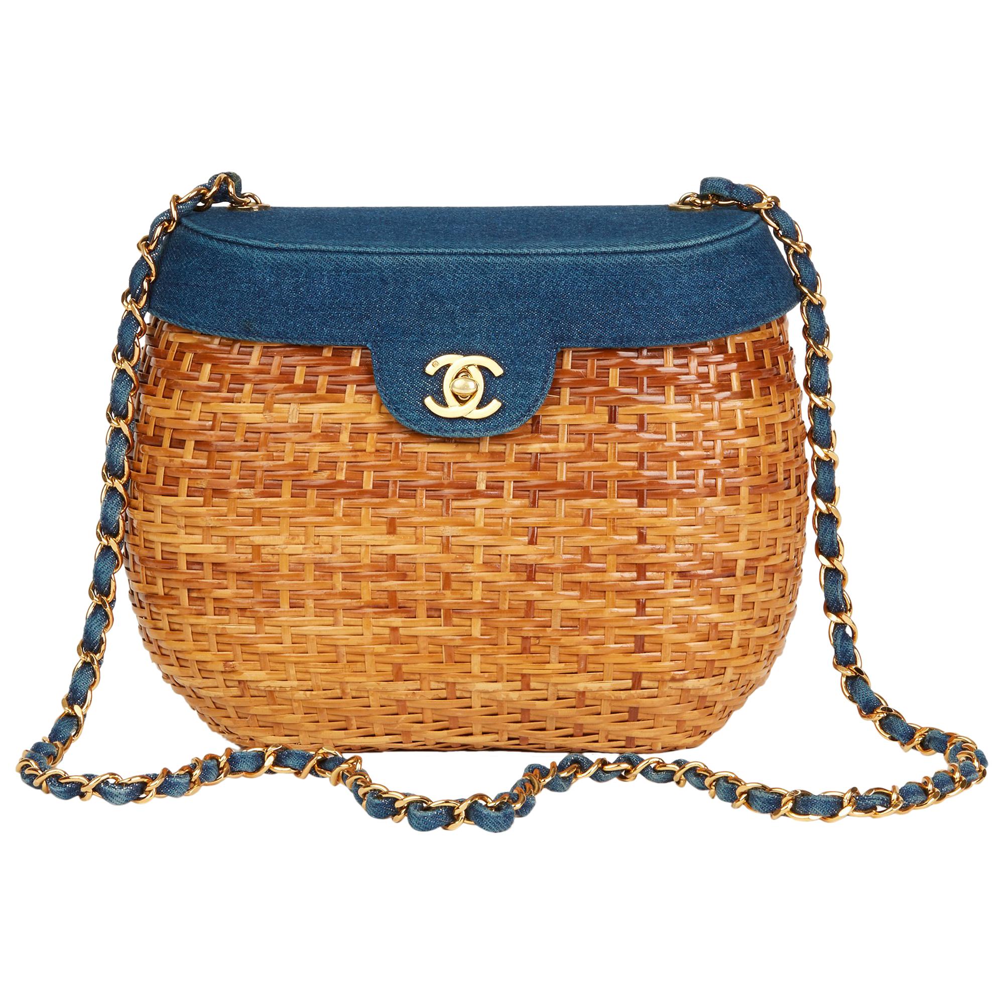 1997 Chanel Blue Denim & Woven Straw 'Picnic' Vintage Basket Bag 
