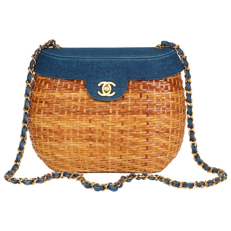 1997 Chanel Blue Denim and Woven Straw 'Picnic' Vintage Basket Bag at