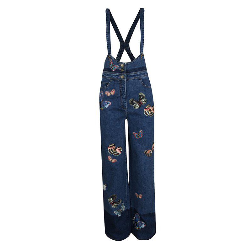 Valentino Indigo Butterfly Embroidered Denim Bib Overalls M