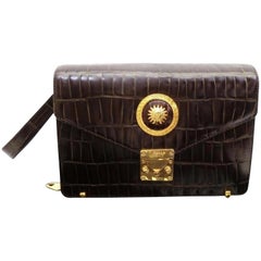 Vintage Versace Clutch 230602 Brown Crocodile Skin Leather Wristlet