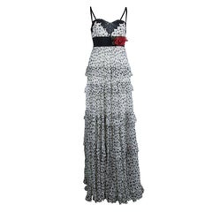 Elie Saab White Lace Detail Polka Dotted Tiered Sleeveless Gown M