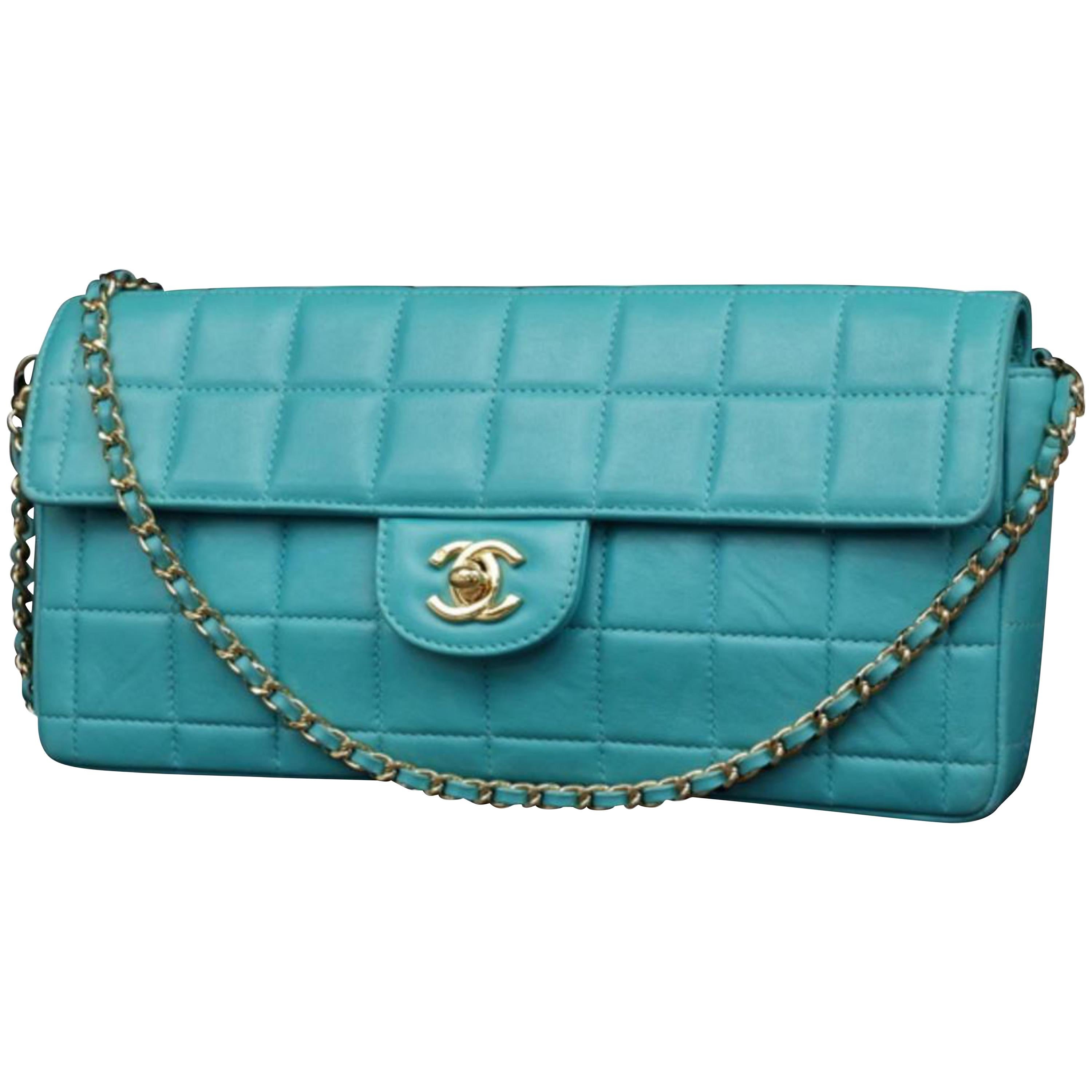 Chanel East West Teal Chocolate Bar Quilted Chain Flap 231201 Shoulder Bag  For Sale at 1stDibs