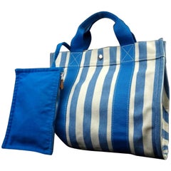 Hermès Striped with Pouch 222696 Blue Canvas Tote