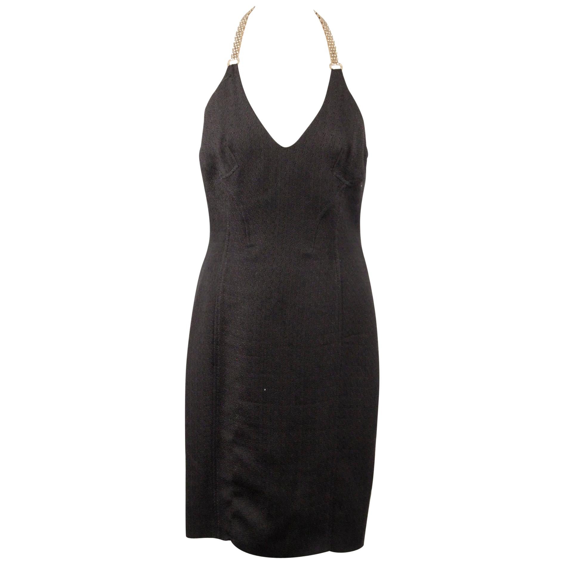 Versace Black Cotton Blend Halterneck dress with chain Strap Size 42