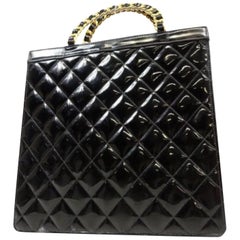 Vintage Chanel Quilted Chain 230269 Black Patent Leather Tote