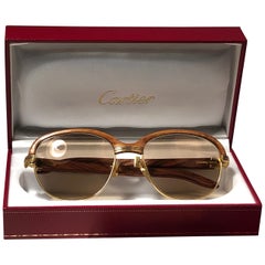 Vintage Cartier Wood Malmaison Precious Light Wood and Gold 56mm Sunglasses 