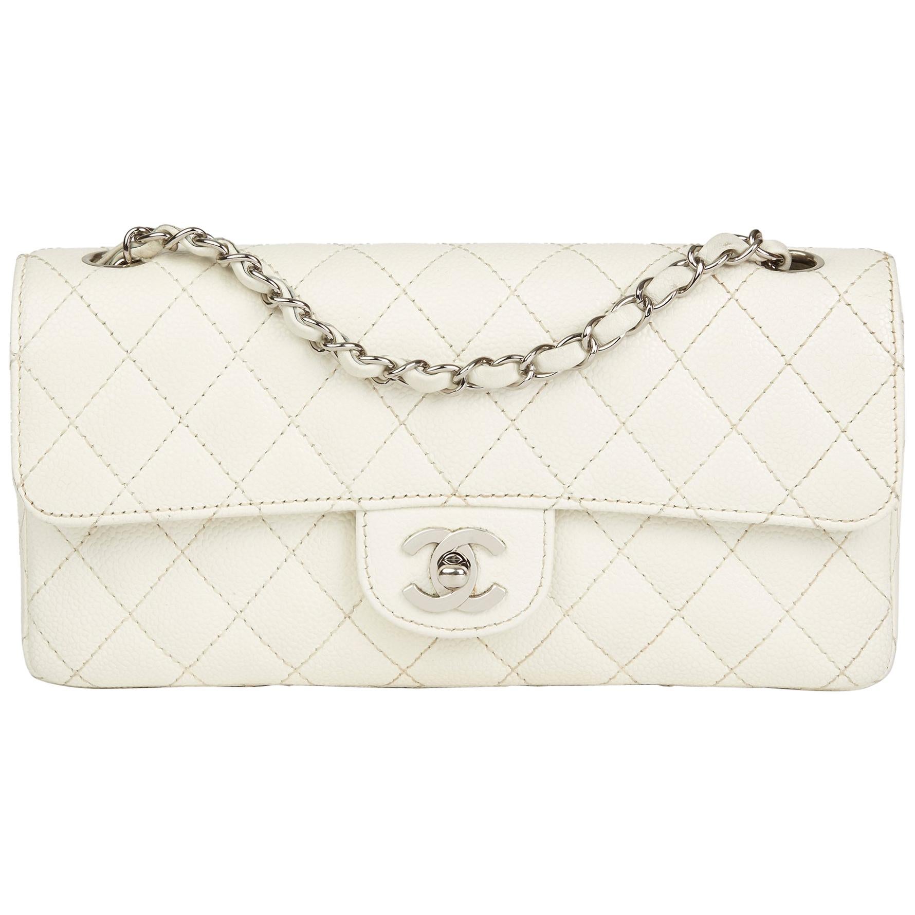 2005 Chanel White Quilted Caviar Leather East West Classic Single Flap ...