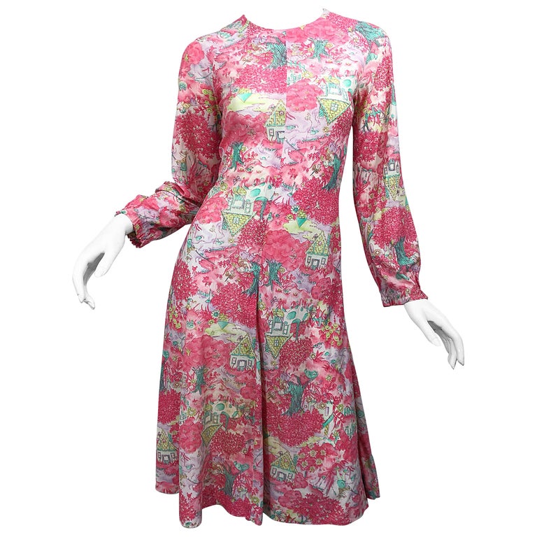 Amazing 1970s Novelty Farm Print Long Sleeve Vintage 70s Jersey Dress ...